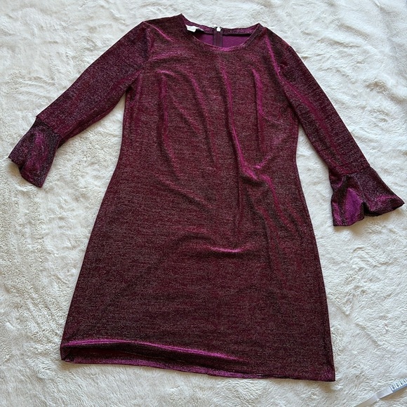 Michael Kors Burgundy Silver Metallic Knit Shift Dress Bell Sleeve Medium Petite - Picture 1 of 8